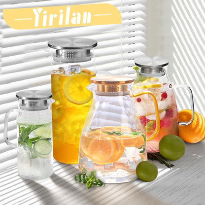 Yirilan Glass Pitcher,1.5 L Water Pitcher with Lid,Juice Pitcher,Glass Water Jug,Water Carafe,Juice Jug