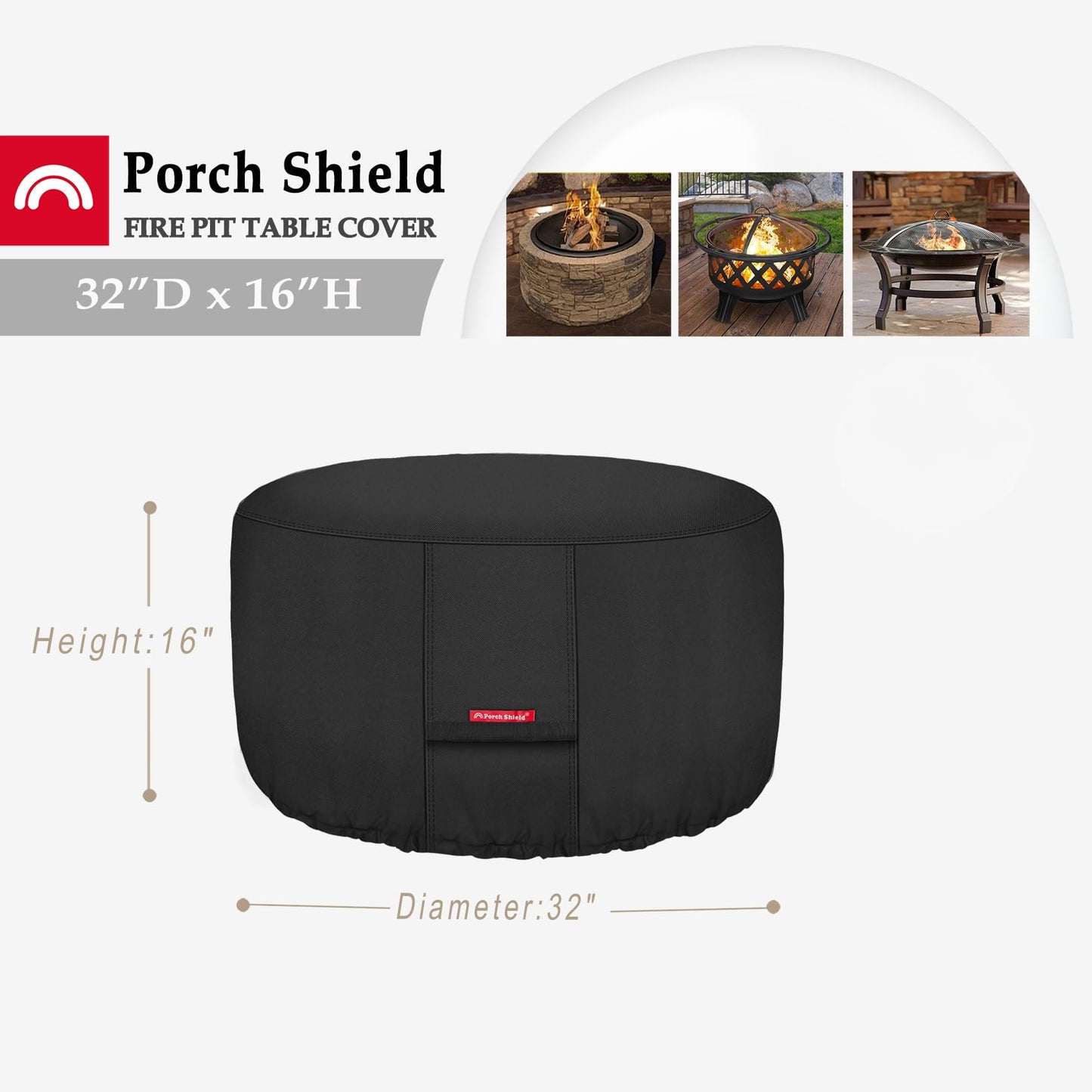 Porch Shield Fire Pit Cover - Waterproof 600D Heavy Duty Round Patio Fire Bowl Cover Black - 32 inch