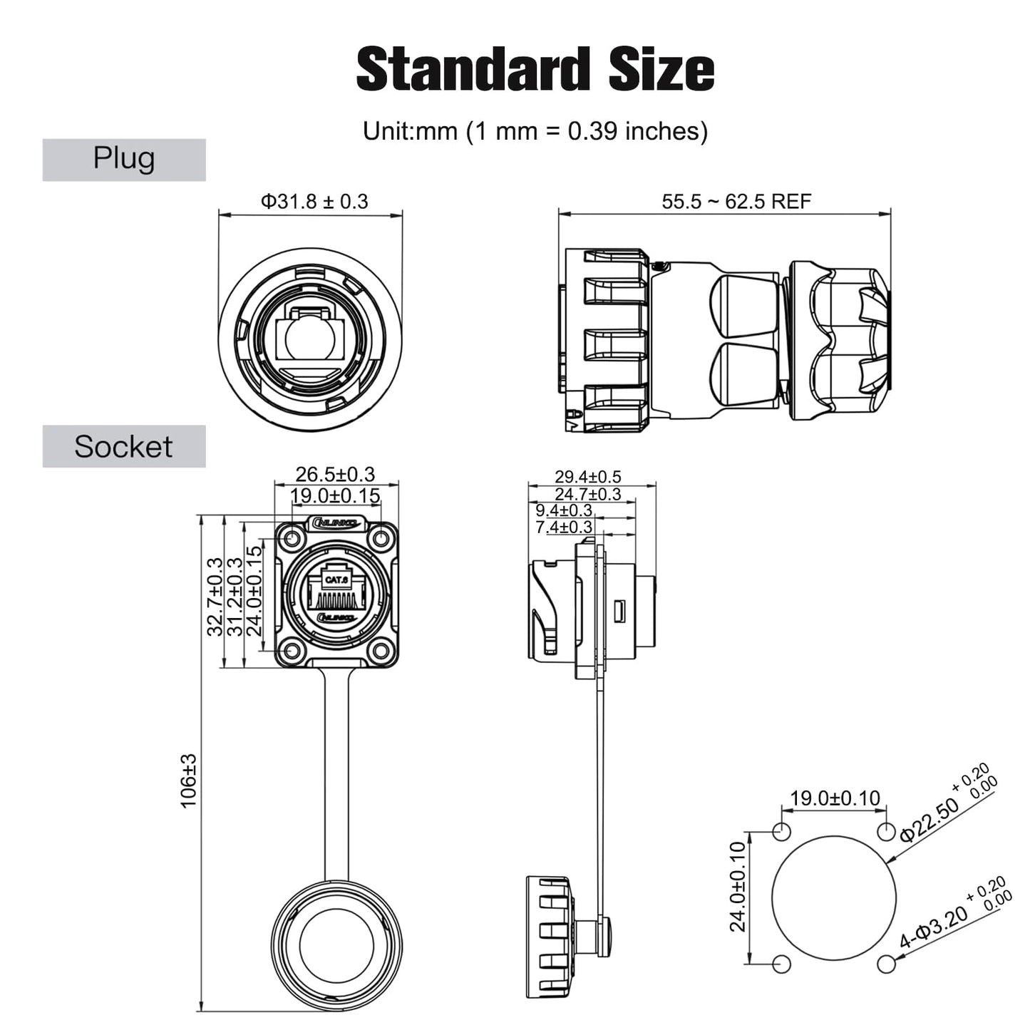 RJ45 Connector IP68 Waterproof, Industrial Cat6 Ethernet 8P8C Dual Port Aviation Plug for Home and Industrial Network Equipment