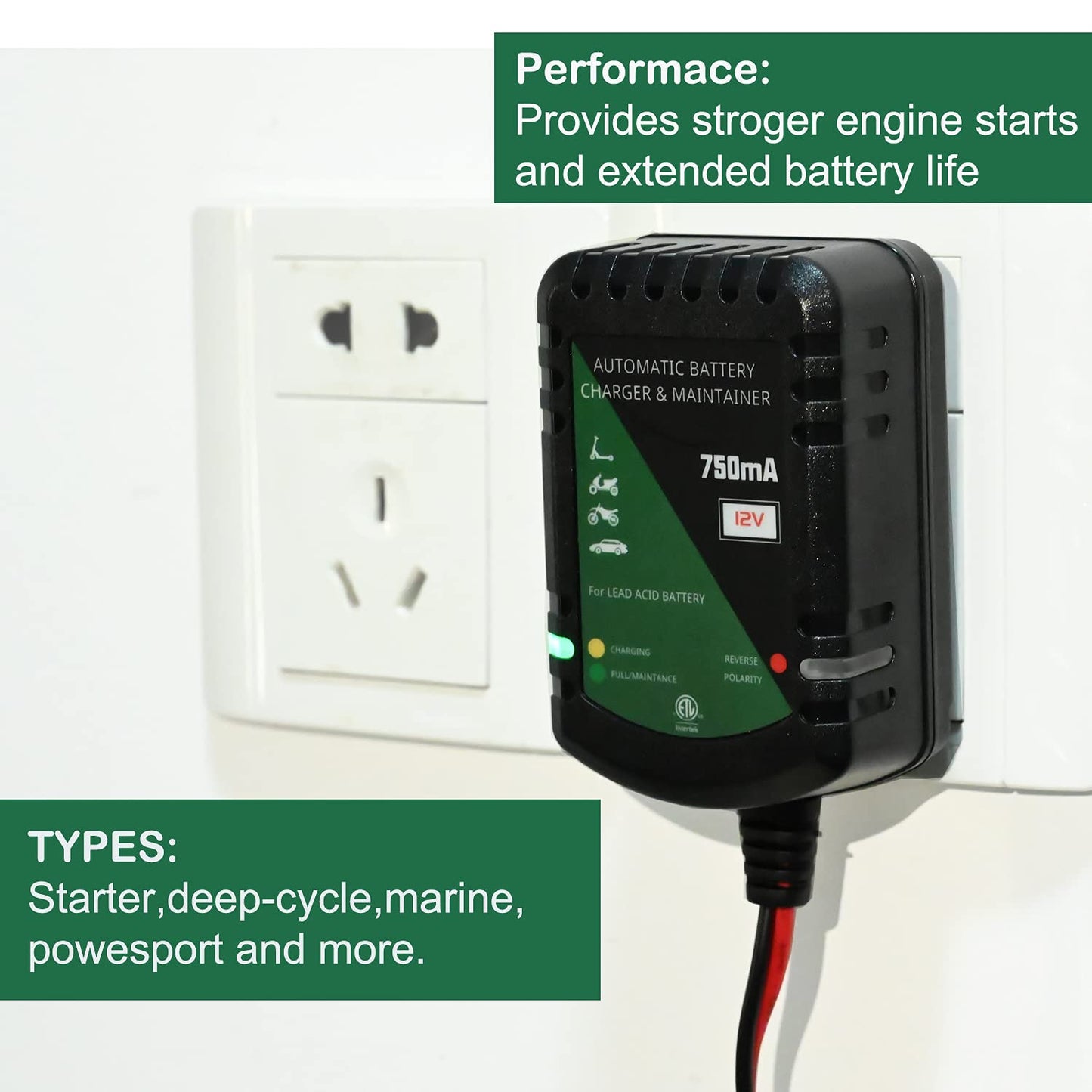 12 Volt Battery Charger 750mA Automatic Battery maintainer trickle Battery Charger for Automotive car Motorcycle Lawn Mower Boat ATV Sealed Lead Acid Batteries