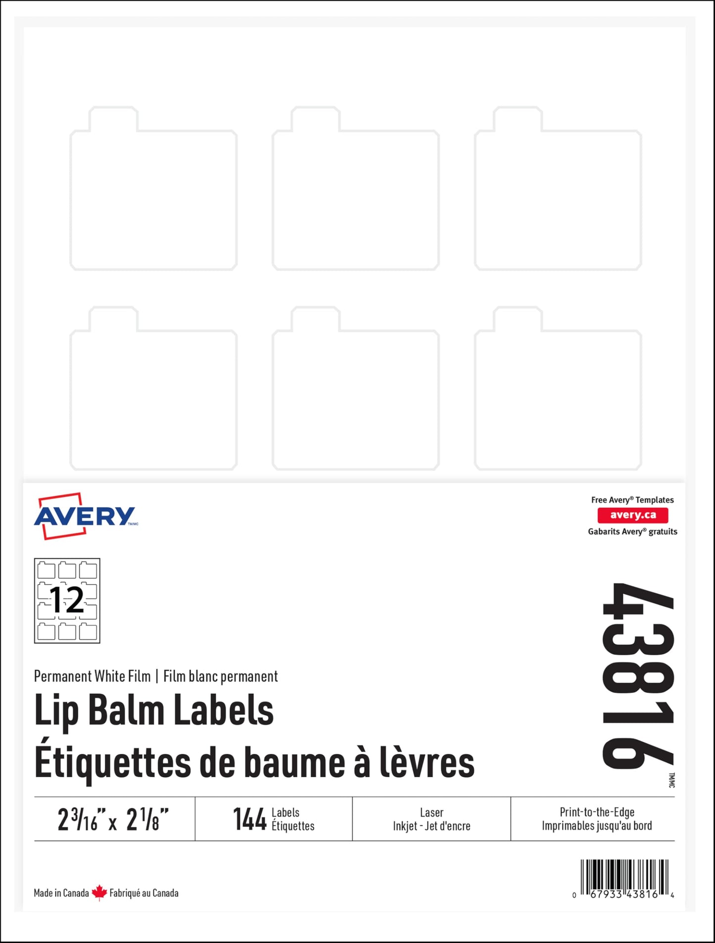 Avery Lip Balm Labels with Perforated Security tab, 2-3/16" x 2-1/8", Permanent Adhesive, 144 Waterproof Durable Film Labels, for Laser and Inkjet Printers (43816) Made in Canada