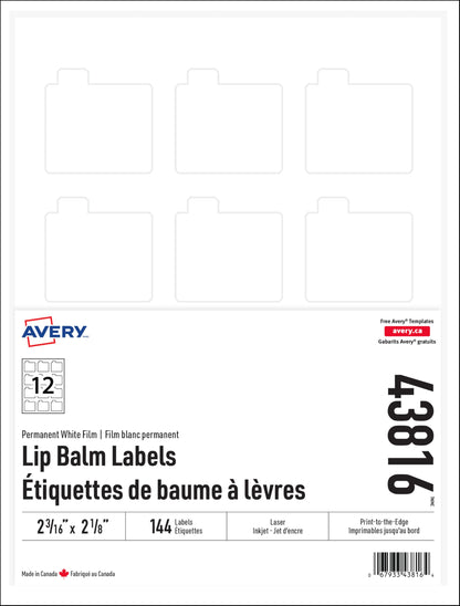 Avery Lip Balm Labels with Perforated Security tab, 2-3/16" x 2-1/8", Permanent Adhesive, 144 Waterproof Durable Film Labels, for Laser and Inkjet Printers (43816) Made in Canada