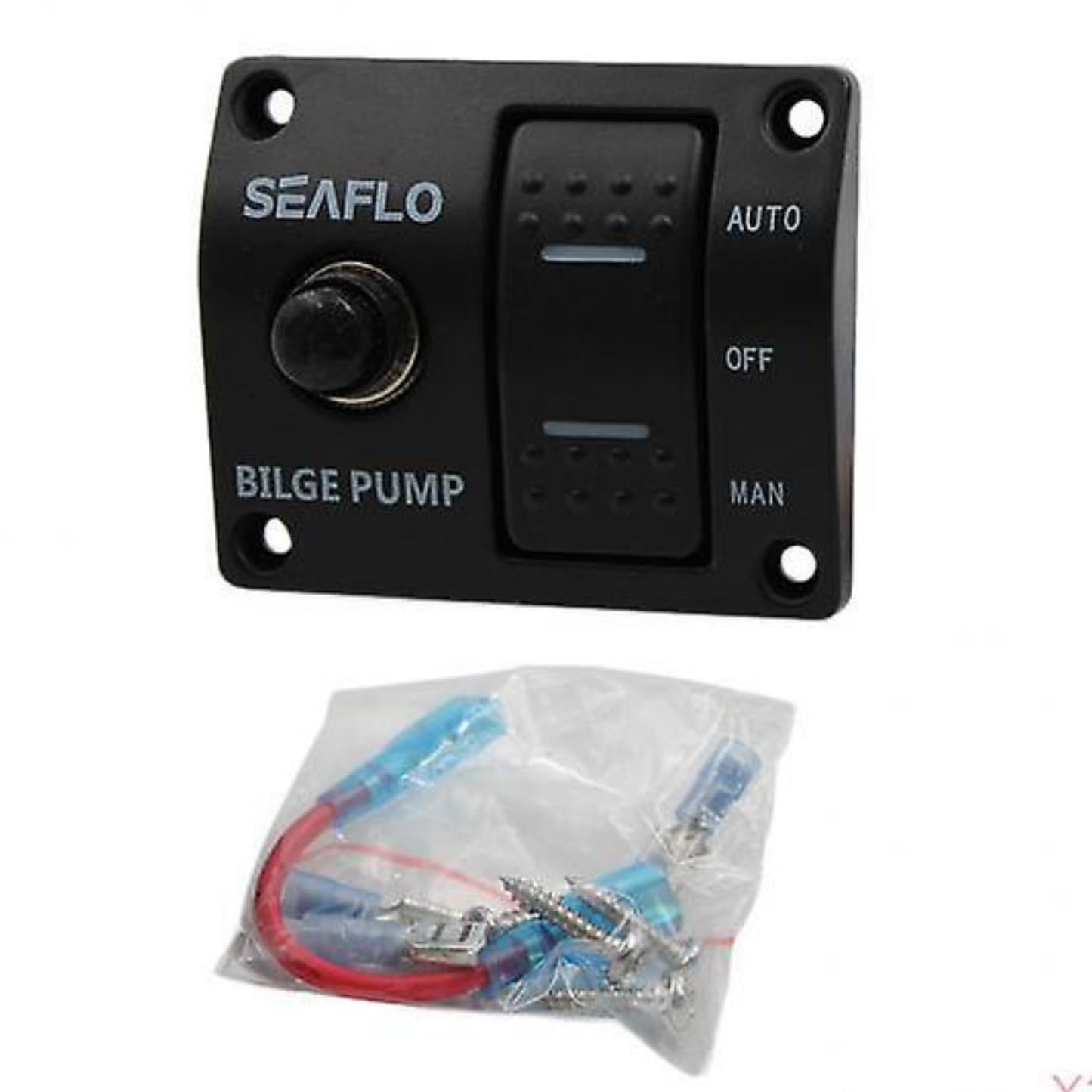 SEAFLO 3-Way Bilge Pump Panel Rocker Switch 32V/24V/12V - Automatic/Off/Manual with Built-in 15A Circuit Breaker, LED Indicator, Marine Grade Black Plastic Panel for Marine Pumps | 4-Year Warranty