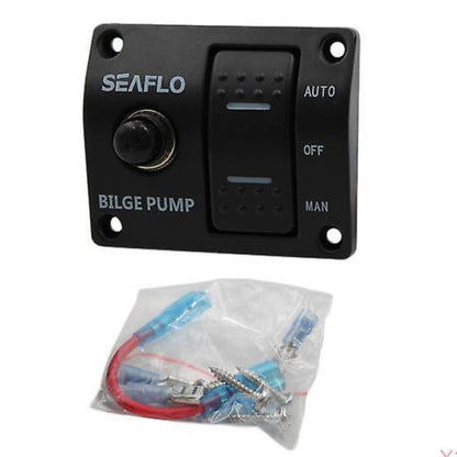 SEAFLO 3-Way Bilge Pump Panel Rocker Switch 32V/24V/12V - Automatic/Off/Manual with Built-in 15A Circuit Breaker, LED Indicator, Marine Grade Black Plastic Panel for Marine Pumps | 4-Year Warranty