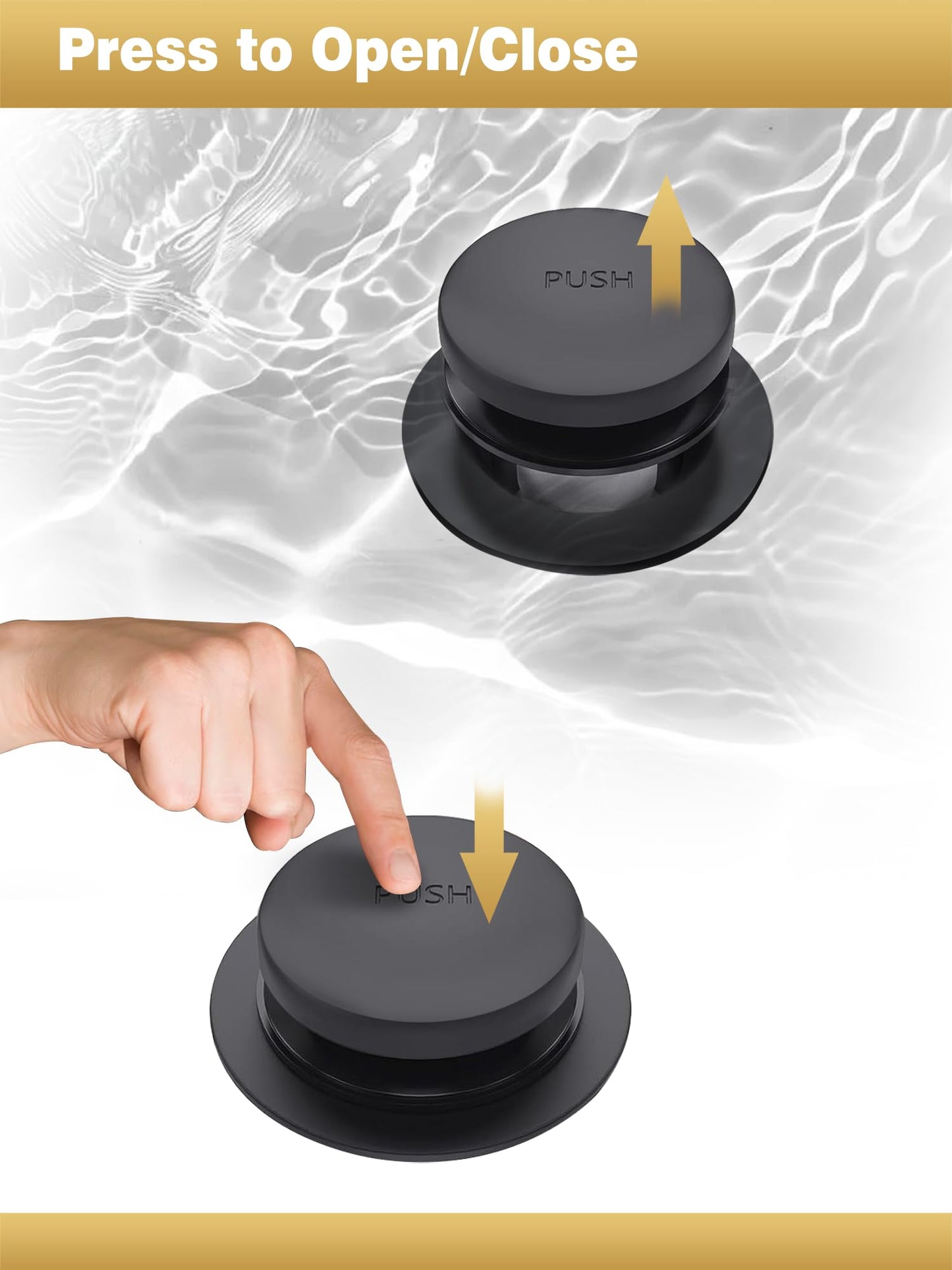 Tip-Toe Bathtub Drain Stopper, Tub Drain Set with 2-Hole Overflow Faceplate and Universal Fine/Coarse Thread, Bath Tub Plug Kit Assembly Fits 1-3/8" or 1-1/2" Bath Drain (Black)