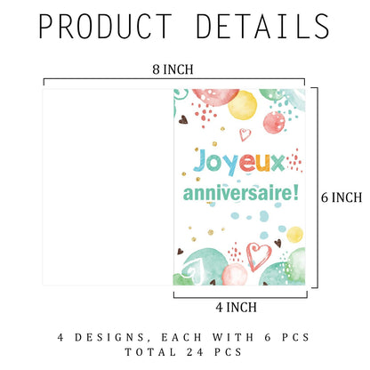 Well Tile 24 Pack French Birthday Cards with Envelopes and Stickers 4x6 Inch-Birthday Thank You Cards Joyeux anniversaire Greeting Cards for Birthday Party Holiday Baby Shower, Christmas