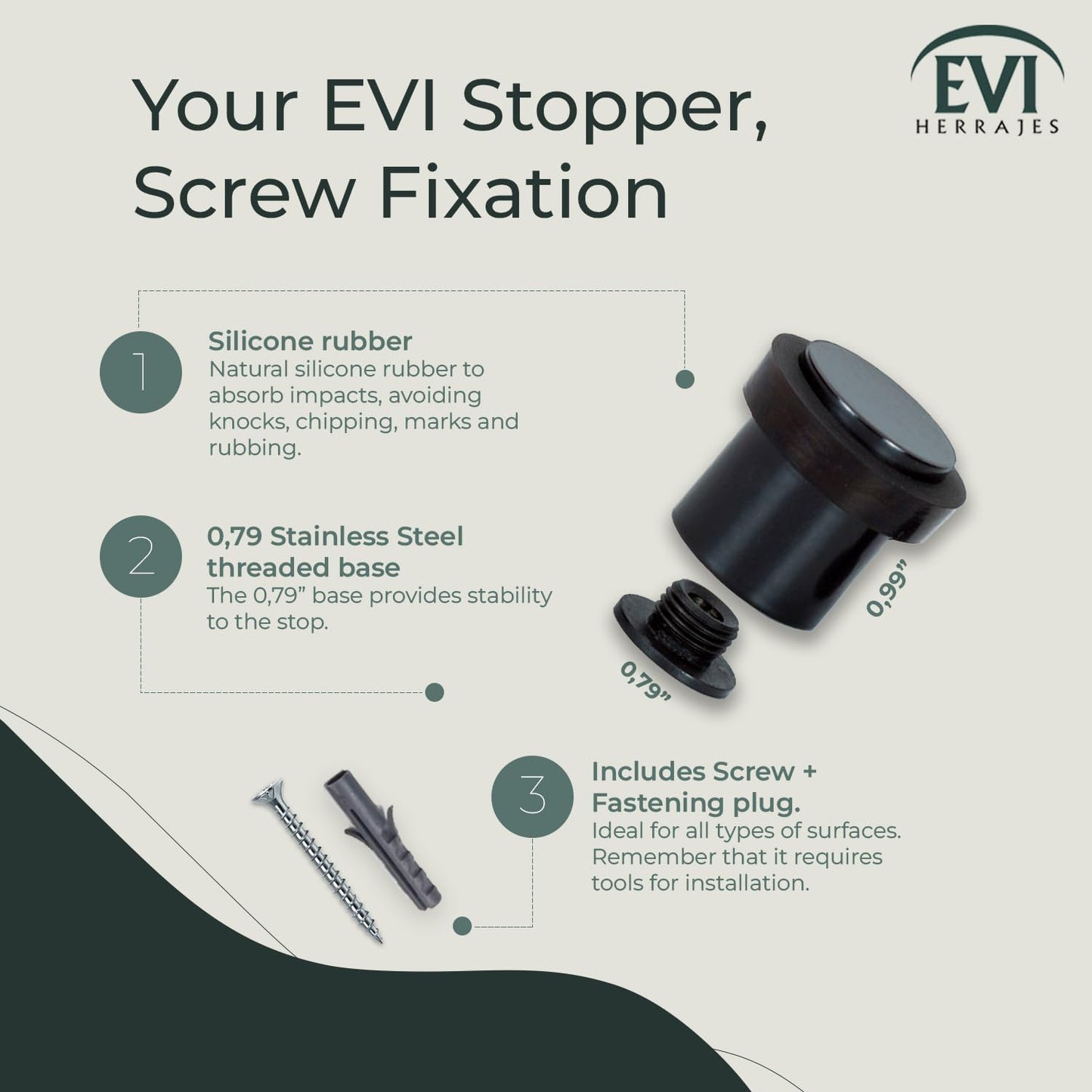 EVI | Floor Doorstop | 25X20cm | Threaded Base | Black Lacquered - Black Rubber | Stainless Steel | Includes Screw + Clamping Anchor | Mod I-181