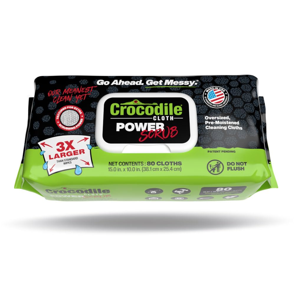 Crocodile Cloth PowerScrub - 80 Dual Surfaced Cloths, 10in X 15in. Large, Moist, Absorbent and Disposable Cleaning Cloths. Safe on Skin and Multiple Surfaces. (6500-080)