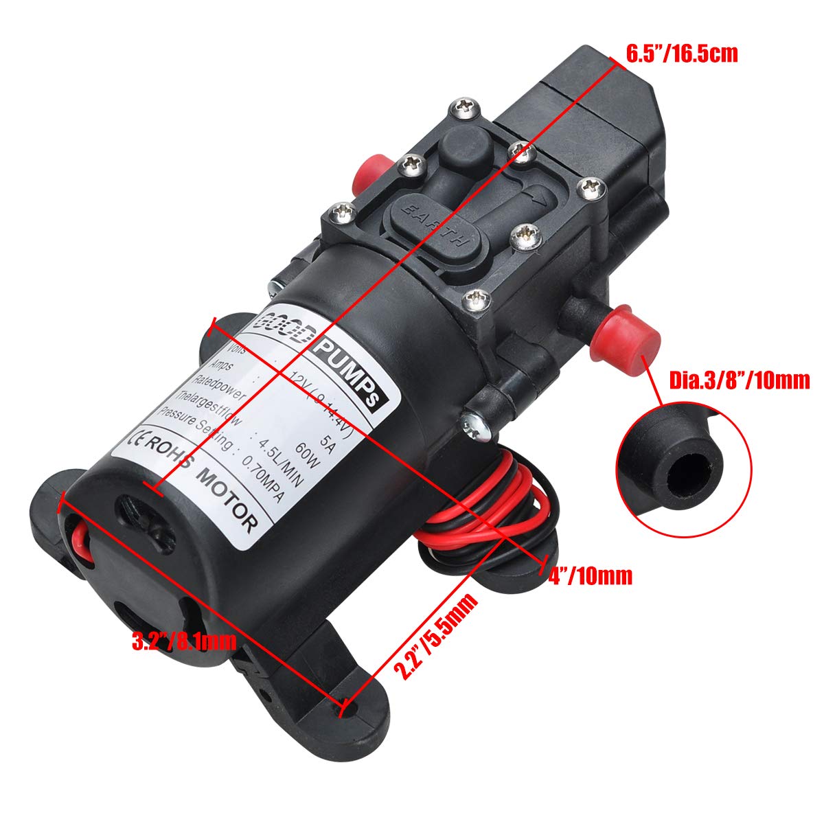 COVVY DC 12V 60W Water Pump 100PSI High Pressure Diaphragm Pump 1.2GPM Self Priming Water Pump for RV Caravan Boat Marine
