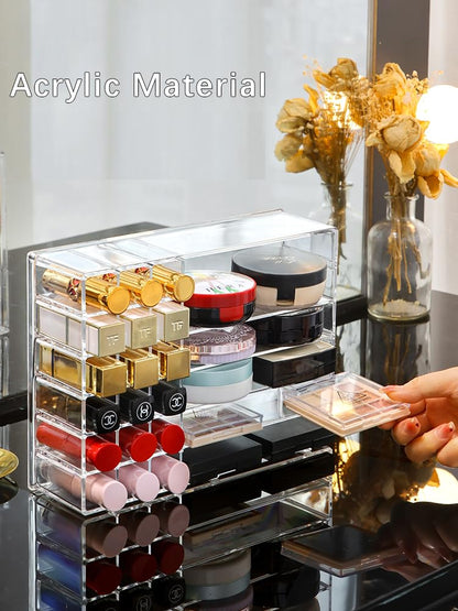 Clear Acrylic Makeup Organizer with Multi-Section Compartments, Lipstick Holder and Drawer Divider, 25 x 18.5 x 7 cm