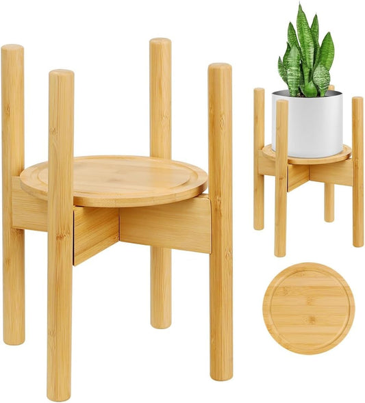Plant Stand with Tray, Mid-Century Modern Flower Pot Holder, Adjustable Plant Stand for Multiple Pots, Indoor Space Saving Vertical Plant Shelf, Fits Pots Size of 20-30 CM (Plant Pot NOT Included)