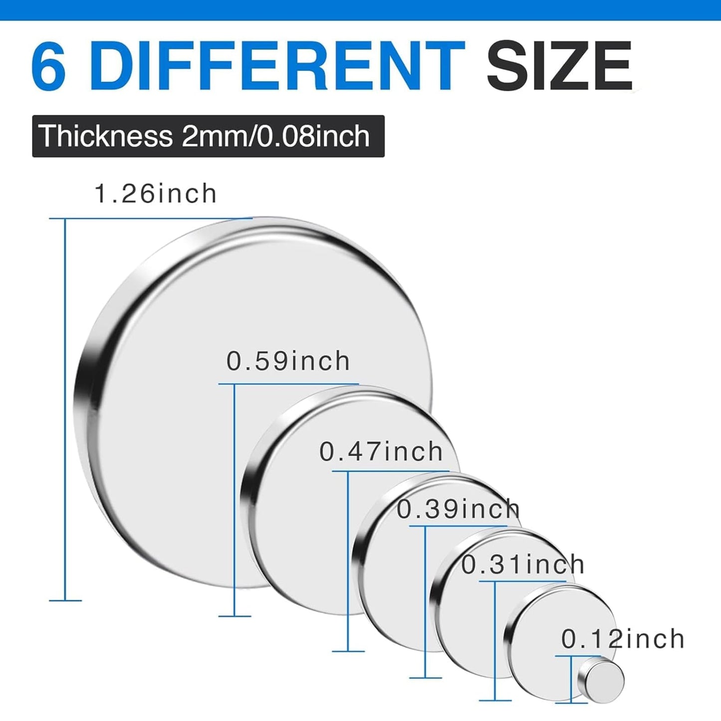 TRYMAG 255Pcs Small Magnets, 32X2mm 2P, 15X2mm 20P, 12x2mm 25P, 10x2mm 50P, 8X2mm 70P, 3x2mm 88P, 6 Different Size, Rare Earth Magnets for Crafts, Heavy Duty Round Refrigerator Magnet
