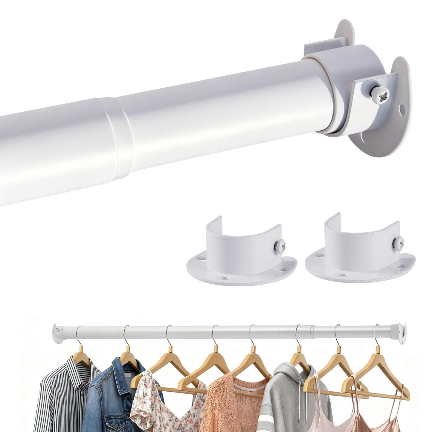ASULUPHY Heavy Duty Closet Rod, 17-39 in Adjustable Closet Bar For Hanging Clothes, Telescopic Metal Closet Pole, Ideal for Laundry, Wardrobe, RV, Cloakroom, Bathroom-White