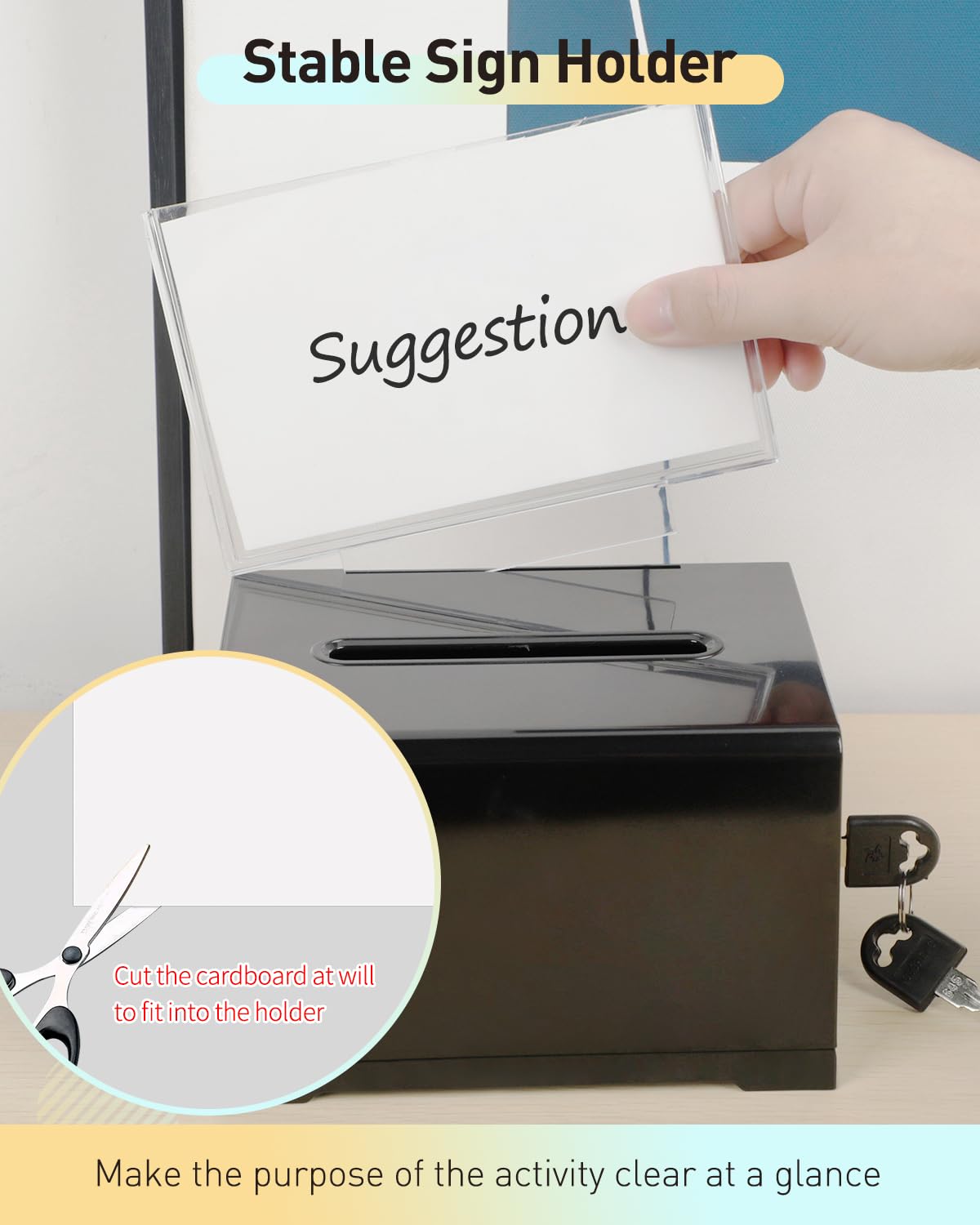 Uniclife 2 Pack 6.2" x 4.7" x 4" Acrylic Donation Boxes Suggestion Box with Slot and Lock for Voting Charity Tip Collection Black Plastic Ballot Boxes with Sign Holder Storage Container