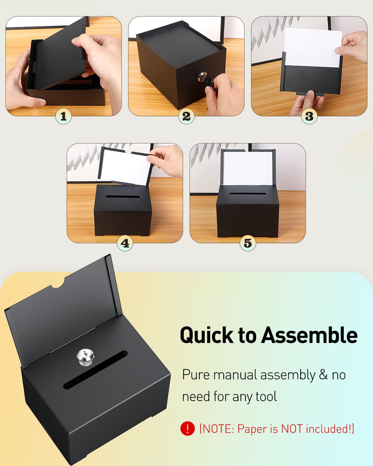 Uniclife Metal Donation Box for Fundraising, Suggestion Box with Slot and Lock, Black Ballot Boxes with Sign Holder, Storage Container for Voting Charity Tip Collection, 6.4" x 4.7" x 4"