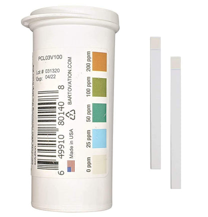 Restaurant Chlorine Sanitizer Plastic Test Strips, 0-200 ppm [Moisture Wicking Vial of 100 Strips]