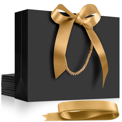 EUSOAR Gift Bags Medium Size, 12pcs 10.6"x3.1"x8.3" Black Kraft Paper Bags with Bow Ribbon Handle, Shopping Thank You Bag Party Favor Gift Treat Bag Bulk for Merchandise Wedding Guests Bridal