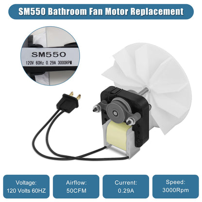 SM550 Universal Bathroom Vent Fan Motor Replacement Kit Compatible with Nutone Broan, Uppco (50 CFM, 120V) Replace C65878, VFM100, E498-1, 82423K, K111, C01575, EM550, EM750 (1)