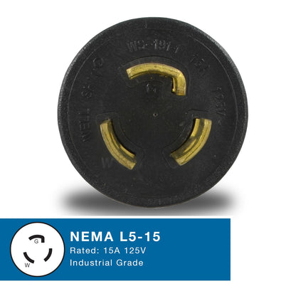 Conntek 30120, 15 to 15-Amp Locking Adapter with NEMA L5-15P male plug to 5-15R female connector