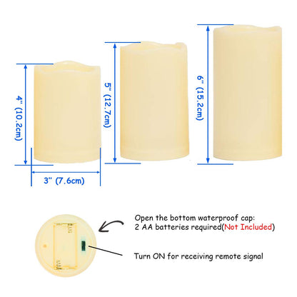 3 PCS 4"5"6" Outdoor Indoor Waterproof LED Pillar Candles with Remote Timer / Large Battery Operated Flickering Flameless Plastic Resin Fake Candles for Outside Patio Lantern Halloween Christmas Decorations