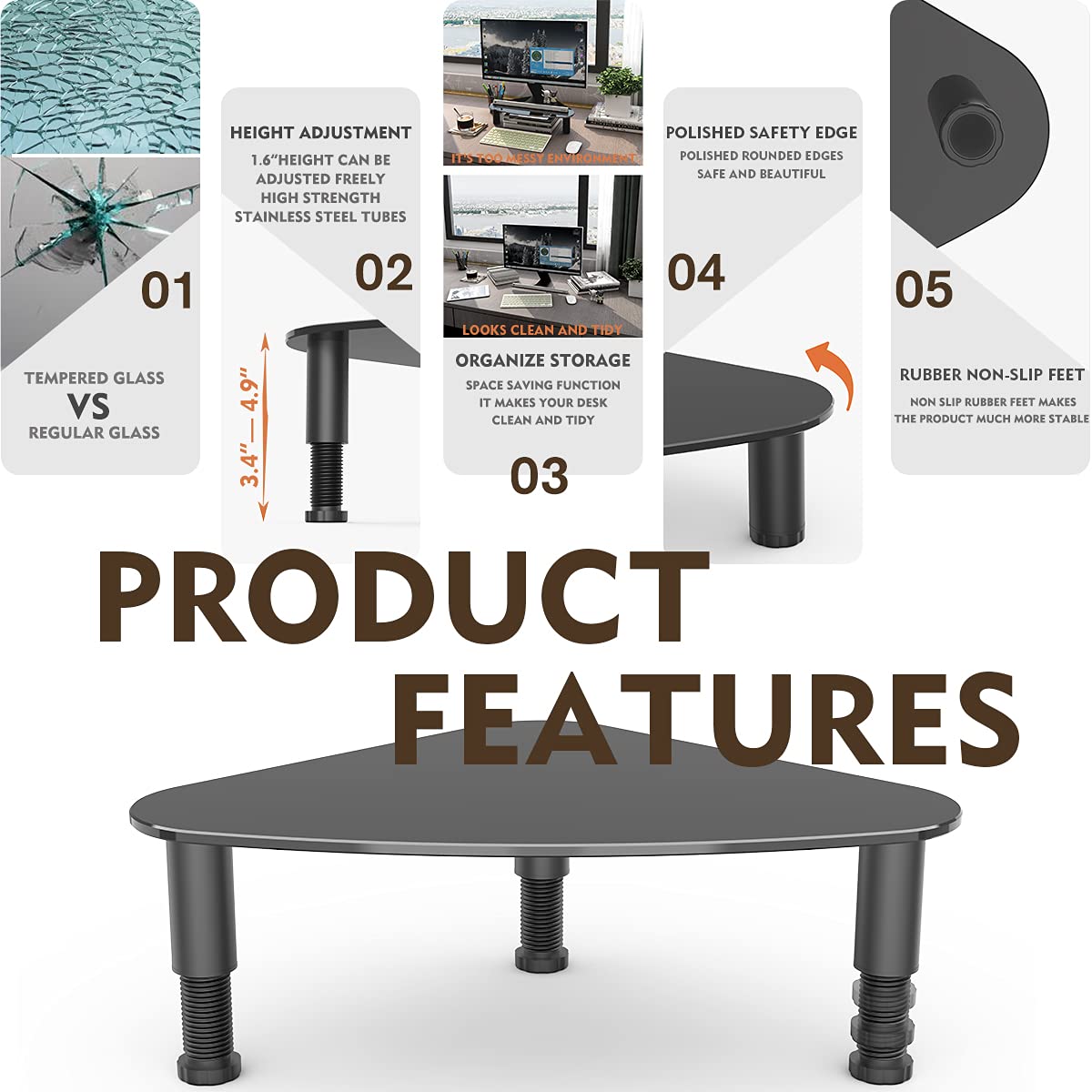 Tempered Glass Computer Monitor Riser | Triangle Save Space Desktop Corner Stand for Computer Monitor & Laptop Black HD01B-003