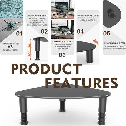 Tempered Glass Computer Monitor Riser | Triangle Save Space Desktop Corner Stand for Computer Monitor & Laptop Black HD01B-003