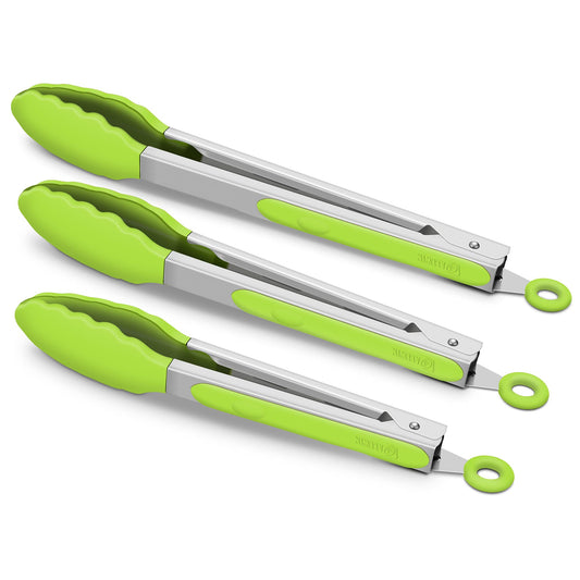 3 Pack Green Kitchen Tongs, Premium Silicone BPA Free Non-Stick Stainless Steel BBQ Cooking Grilling Locking Food Tongs, 9-Inch 10-Inch & 12-Inch