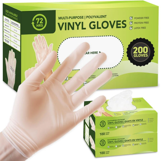 72HRS Vinyl Disposable All Purpose Clear Gloves – 4 mil, Latex Free and Power Free, Food Grade Multipurpose Gloves (200, Medium)