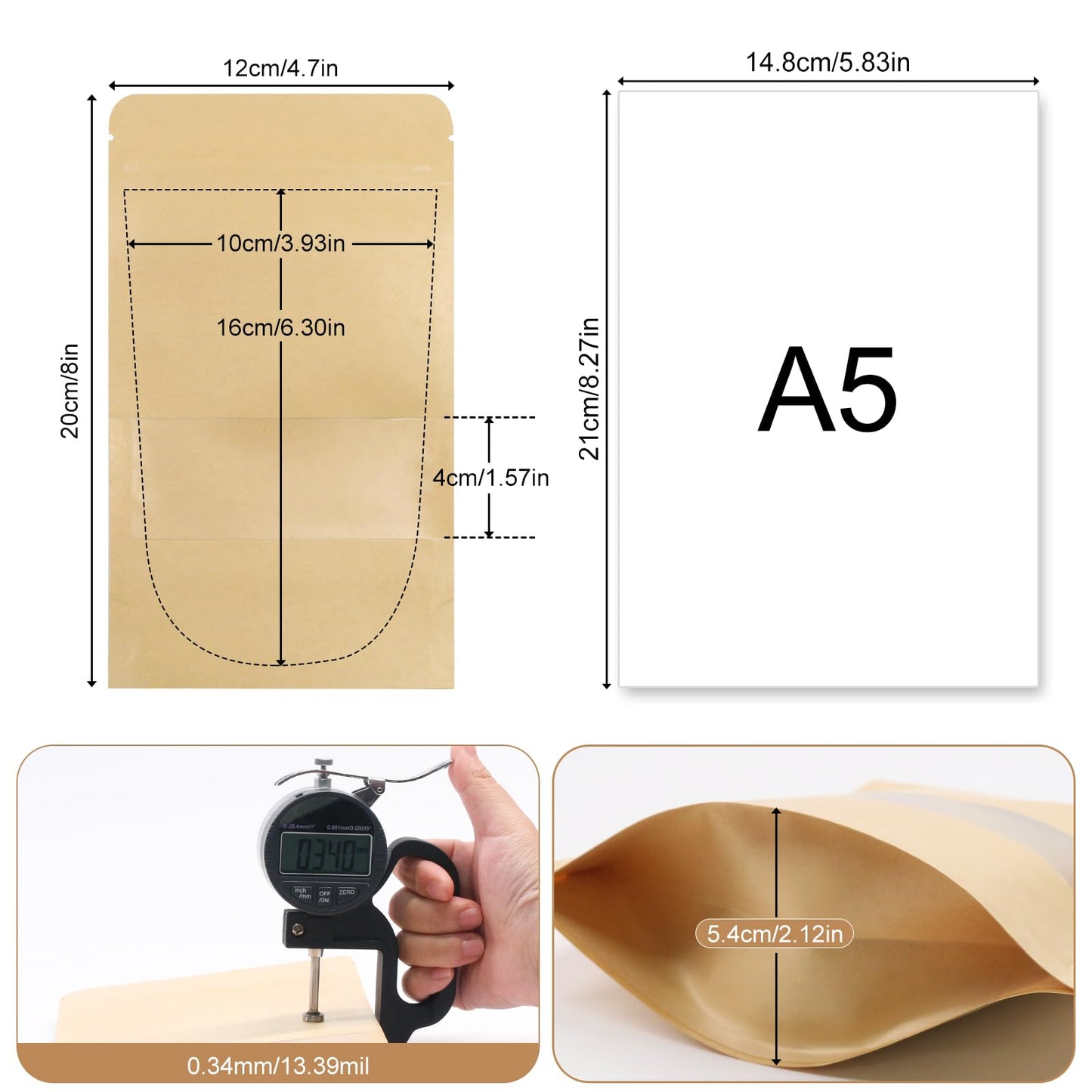 SumDirect Kraft Stand Up Pouches - 100Pcs Resealable Kraft Paper Stand Up Bags with Window, Zipper Disposable Food Storage Bags for Home or Business (100, 4.7x7.8inch)