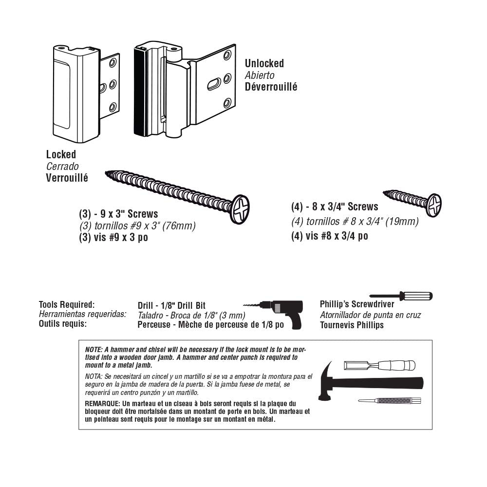Prime-Line U 11442 Door Reinforcement Lock – Add Extra, High Security to Your Home and Prevent Unauthorized Entry – 3” Stop, Aluminum Construction, Polished Brass (Single Pack)