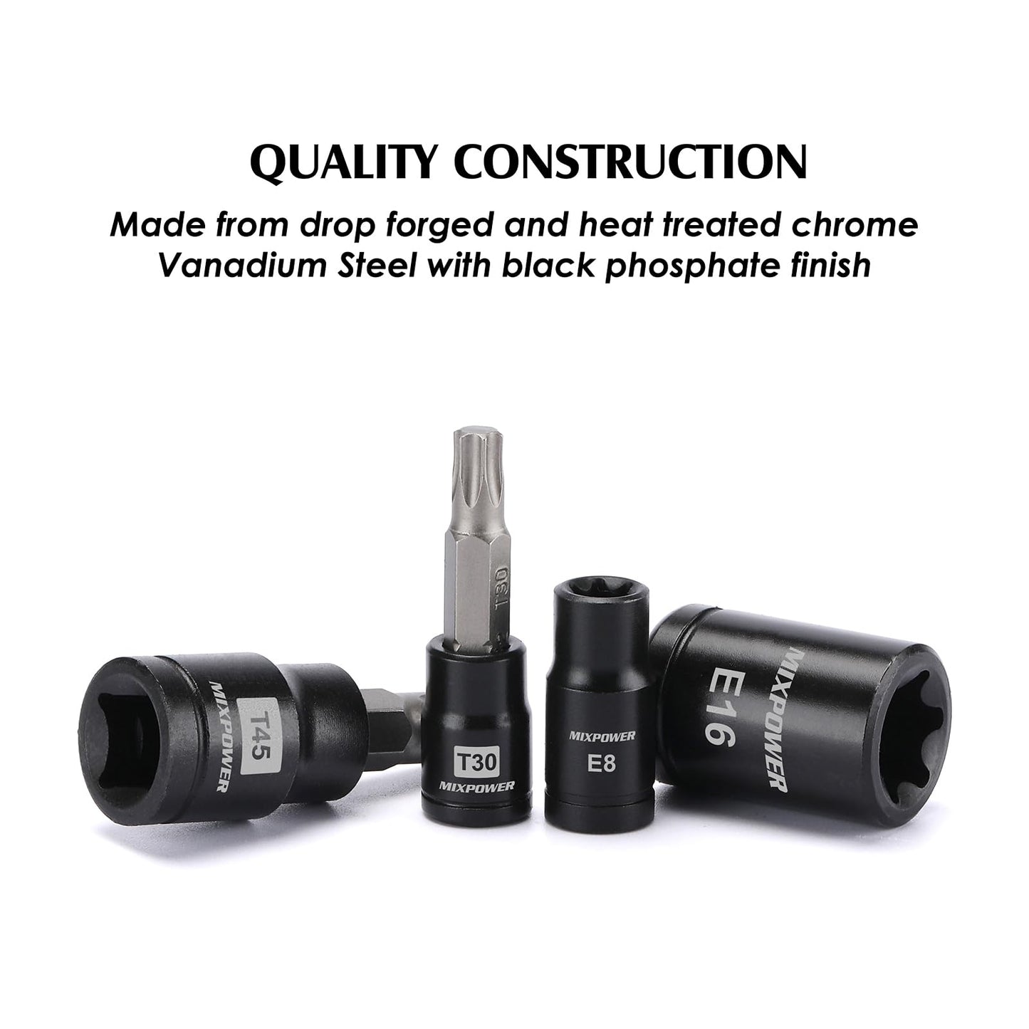 MIXPOWER 25 Piece Torx Bit and Socket Set, 13 Star Bits (T8- T60) & 12 E-Torx Sockets (E4-E22), Professional Grade Auto & Motorcycle Mechanic Set
