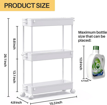 SPACEKEEPER Slim Rolling Storage Cart, Laundry Room Organization, 3 Tier Mobile Shelving Unit Bathroom Organizer Utility Cart for Kitchen, Narrow Places,White