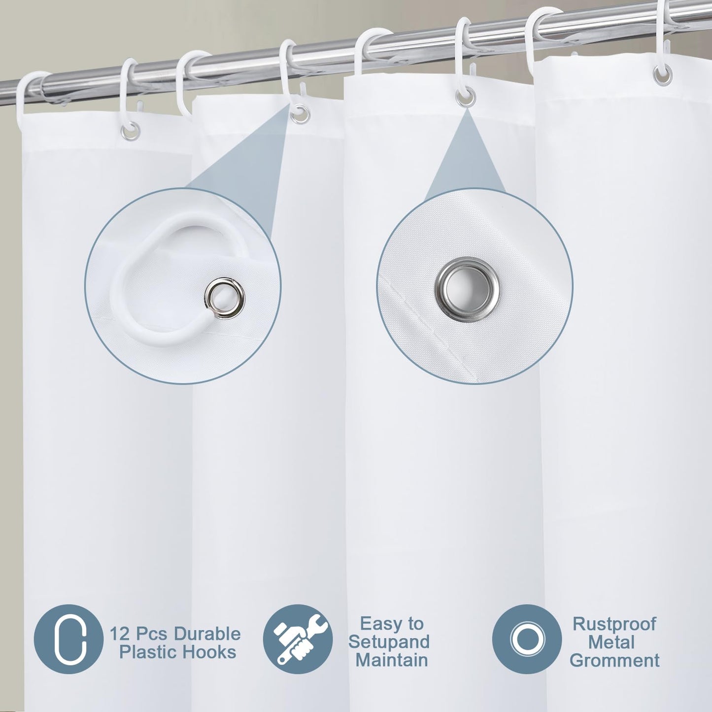 UFRIDAY White Extra Long Shower Curtain 84 inches Long,Washable Fabric Shower Curtain Liner with Hooks Hotel Bathroom Curtains Shower Set