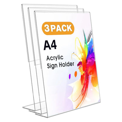 Acrylic Sign Holder 8.5 x 11 Inch, 3 Pack Clear Display Table Sign Stand, L-Shape Plastic Message Board Stand for Exhibition, Office, Store, Restaurant