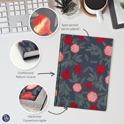 Pierre Belvédère - 2026 Annual Agenda Bilingual - 12 Months - Weekly Planner - 6.9” x 9.6” - Hardcover Clothbound - Year Monthly Planner - Pomegranate - 442482