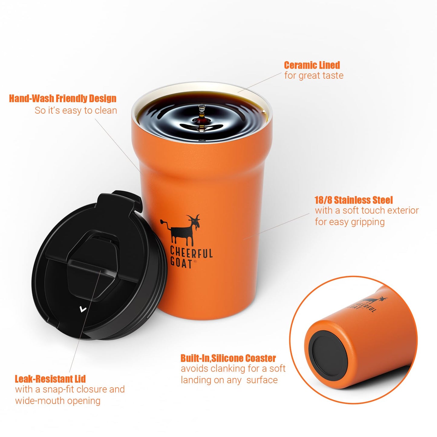CHEERFUL GOAT Ceramic Lined Coffee Travel Mug – Stainless Steel Travel Coffee Tumbler with Ceramic Liner, with lid, 12oz Coffee Cup for Hot and Cold Water Coffee at Home, Office, or On the Go (Orange)