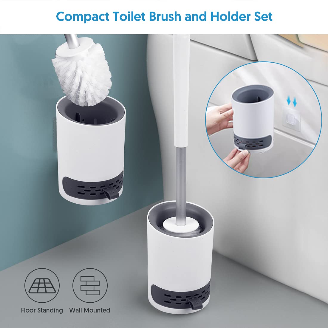 Domi-patrol Toilet Brush and Holder Set 2 Pack, White, Hard Bristle Nylon Toilet Bowl Brushes with Stainless Steel Holder