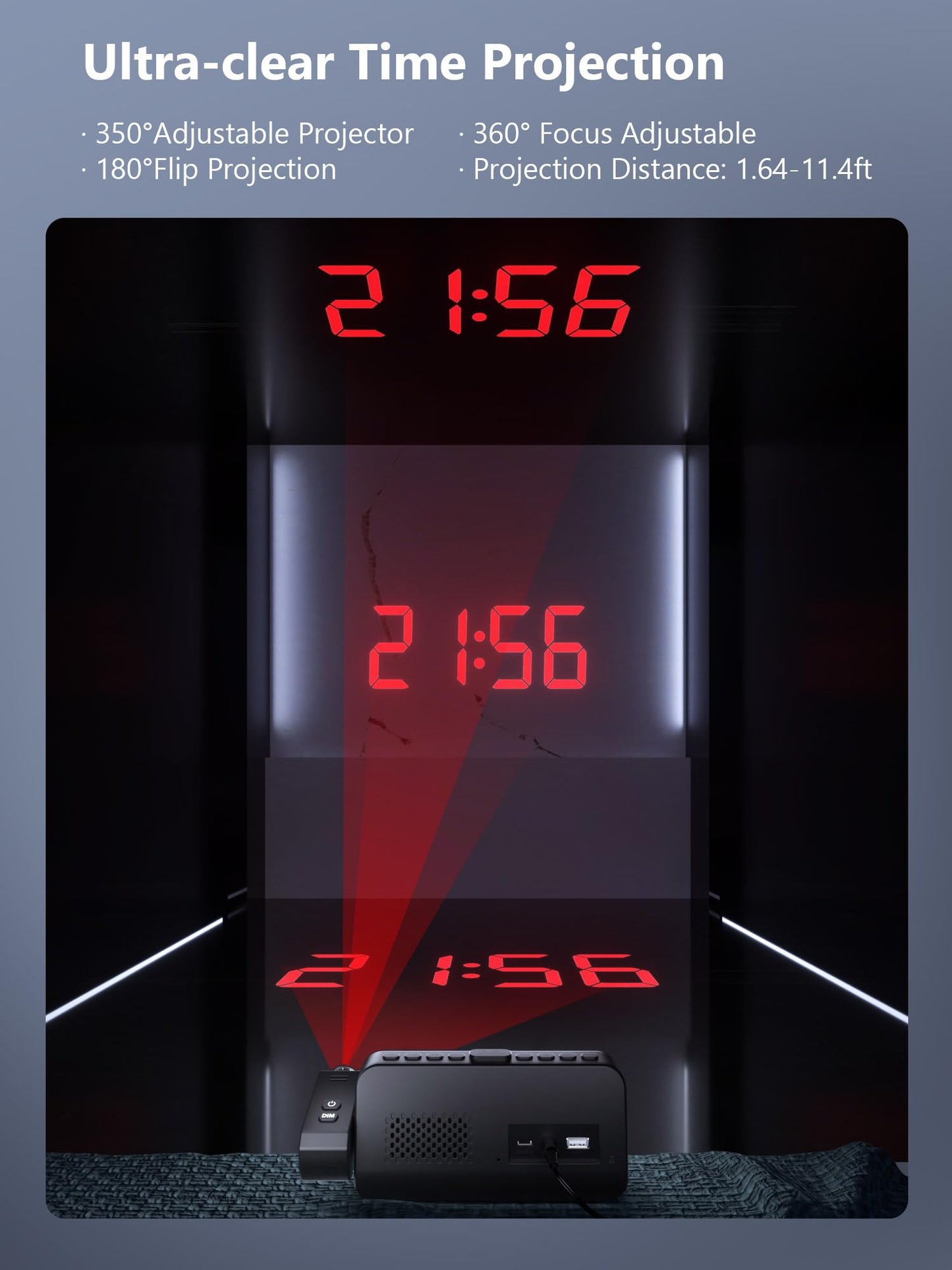 Projection Alarm Clock for Bedroom, Alarm Clock with 350° Rotatable Projector, 5 Brightness, Dual Alarm with Weekday/Weekend Mode, Temp & Humidity, Snooze, Bedside Alarm Clock for Heavy Sleepers（Red