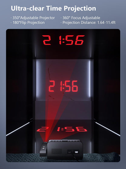 Projection Alarm Clock for Bedroom, Alarm Clock with 350° Rotatable Projector, 5 Brightness, Dual Alarm with Weekday/Weekend Mode, Temp & Humidity, Snooze, Bedside Alarm Clock for Heavy Sleepers（Red