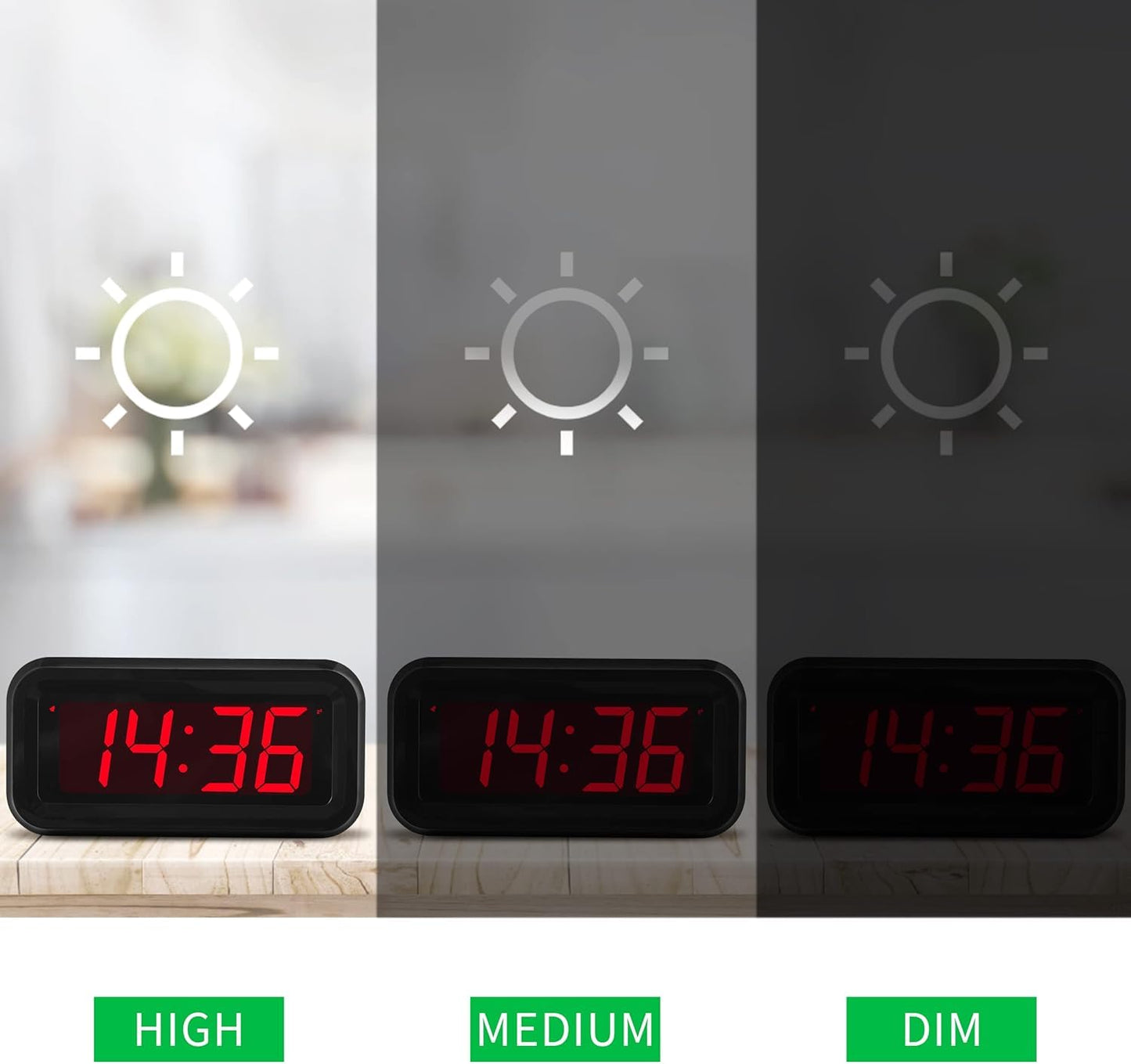 Alarm Clock, Digital Clock, Small Wall Clock, Battery Operated, Adjustable 3-Level Led Brightness, Dim Night Model, 12/24Hr, Cordless, Constantly 1.2'' Digits Display for Bedroom/Travel