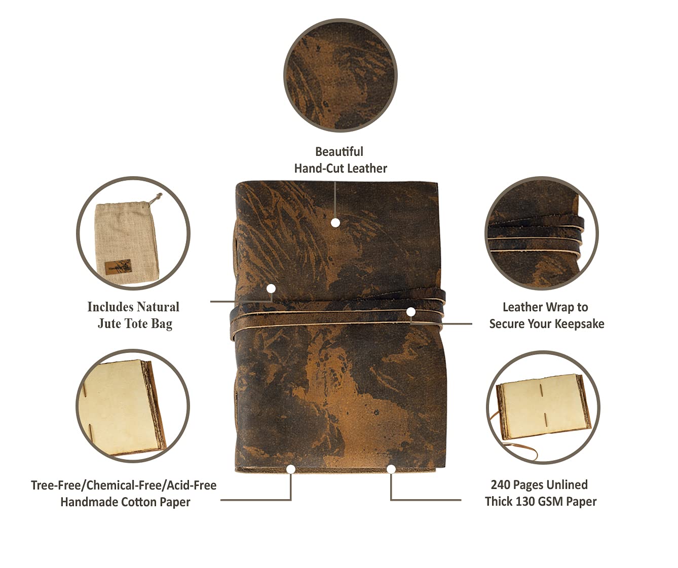 Wanderings Vintage Leather Journal with Burned Edge Paper - 6"x9" (15x23cm) - Rustic Antique Notebook Perfect for Writing a Book of Shadows Journal a Grimoire Sketching Drawing as a Diary