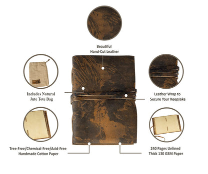 Wanderings Vintage Leather Journal with Burned Edge Paper - 6"x9" (15x23cm) - Rustic Antique Notebook Perfect for Writing a Book of Shadows Journal a Grimoire Sketching Drawing as a Diary