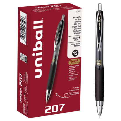 uni-ball Signo 207 Retractable Gel Pens, Ultra-Micro Point, Black Ink, 12 Count (Pack of 1) (1790922) , Packaging may vary