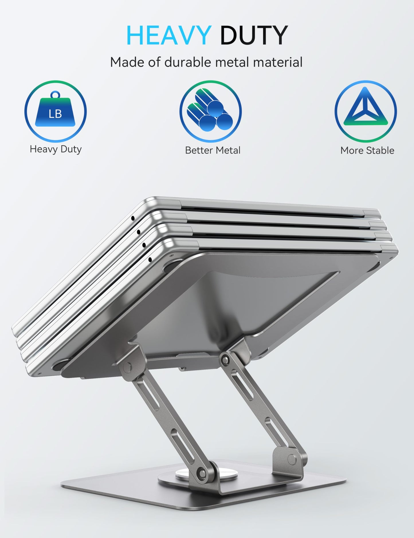 SOUNDANCE Laptop Stand with 360° Rotating Base, Ergonomic Computer Riser for Desk, Adjutable Height Muti-Angle, Foldable Laptop Mount, Stable Metal Holder Support 10-15.6" Notebook PC, Silver Grey