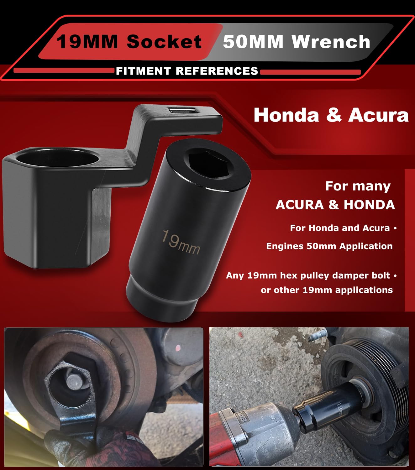 2pcs 77080 19 mm Harmonic Balancer Socket & 50mm Crank Pulley Wrench Holder for Honda Acura Engines