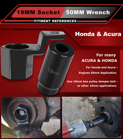 2pcs 77080 19 mm Harmonic Balancer Socket & 50mm Crank Pulley Wrench Holder for Honda Acura Engines