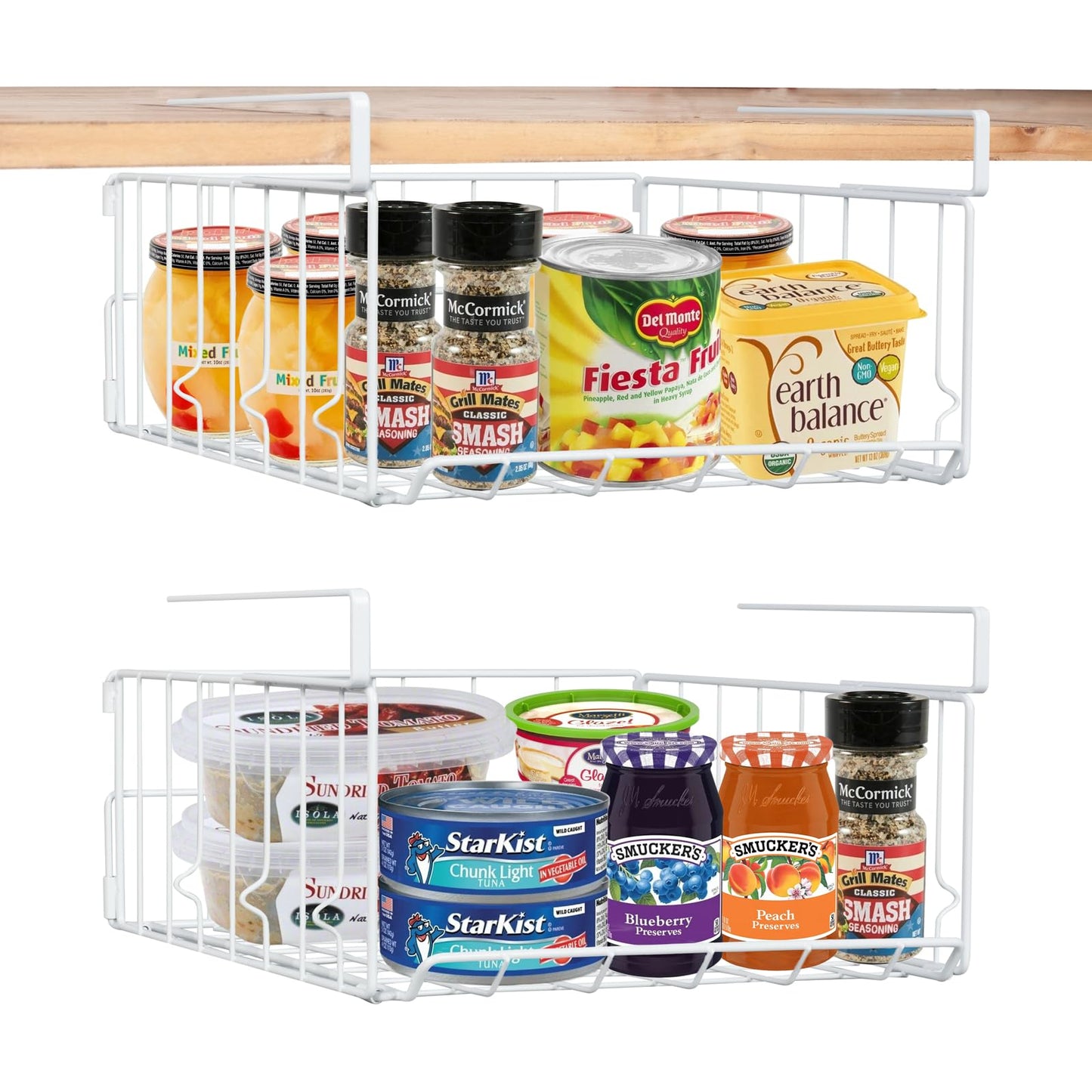 Under Shelf Storage Baskets, Foldable Metal Under Cabinet Basket Wire Rack Storage Shelf for Kitchen Cabinets Pantries Bookshelves Desk, Space-Saving Home and Office Storage Solution (White, 2 Pack)