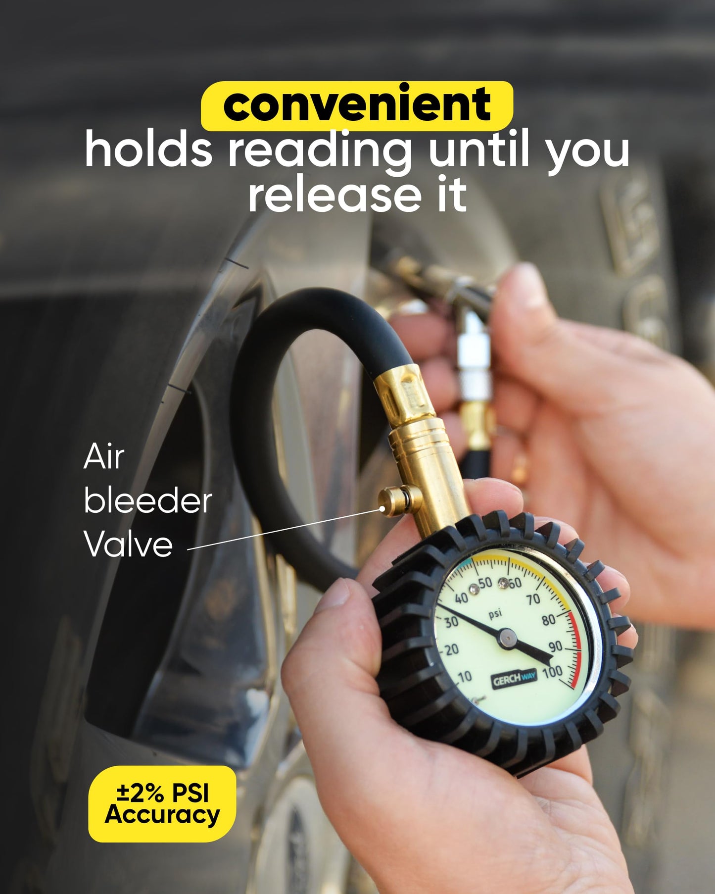 Tire Pressure Gauge 100 PSI - Large Dial Numbers & 45° Angle Chuck, Accurate Air Pressure Gauge for Tires