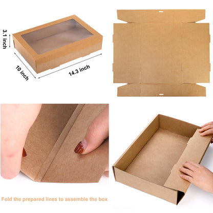 Yarlung 10 Pack Kraft Bakery Box with Clear Window Lid, 14"x10"x3" Foldable Brown Paperboard, Food Wrapping Tray with Greaseproof Paper for Cookies, Donuts, Pies, Picnic, Gift Packaging Ribbon