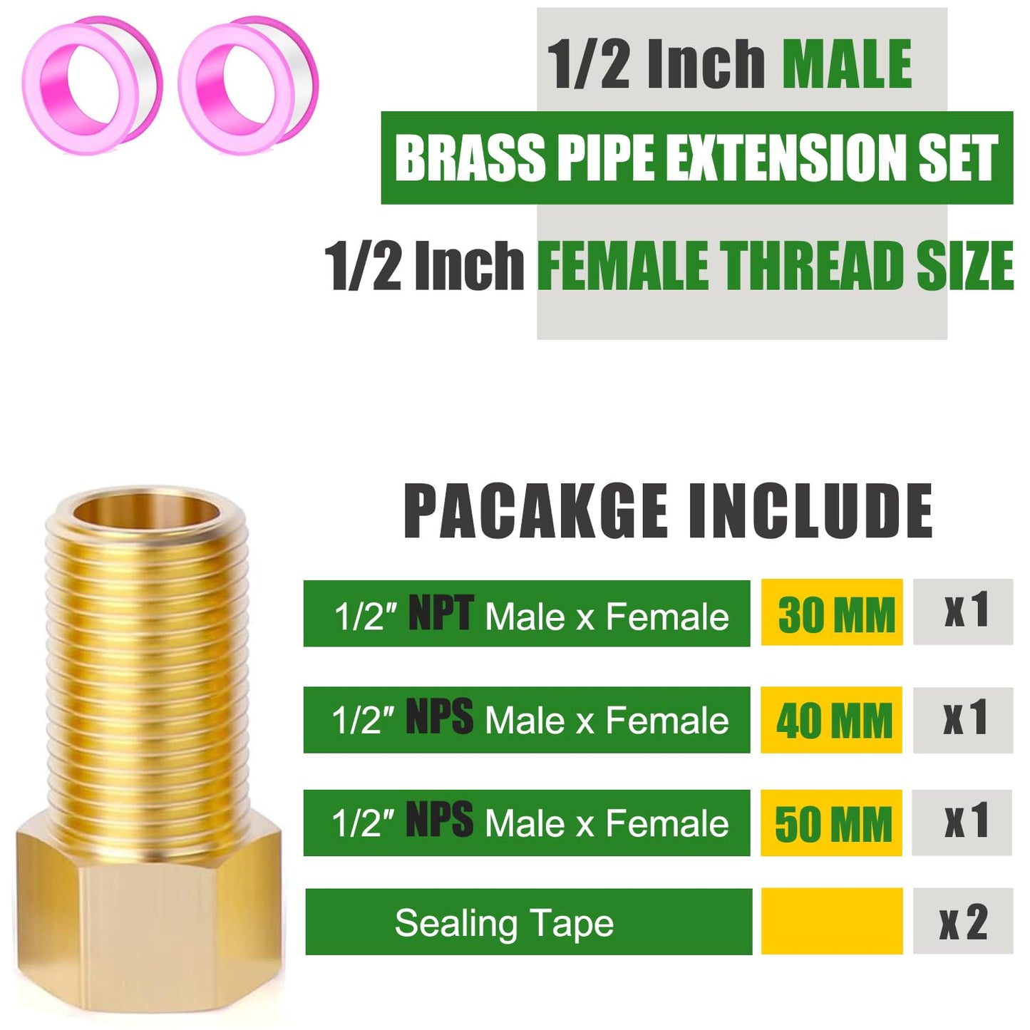 1/2" Brass Pipe Extension Fitting, 1/2" Female to 1/2" Male Pipe Connector Fitting, Brass Hex Bushing Adapter Reducer Adapter for Tub Spout/Shower with Teflon Tape (2PCS), Length 30/40/50MM (3PCS)